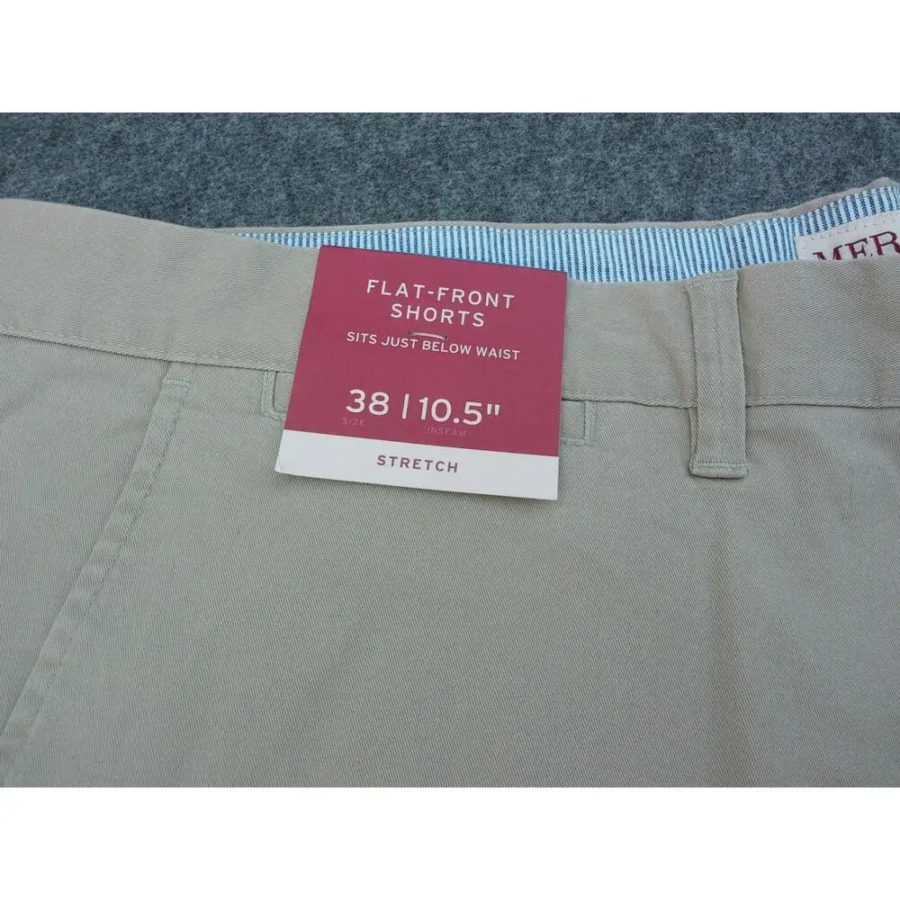 Men's Size 38 Flat Front Stretch Shorts Beige 98% Cotton Classic Preppy Y2K New
